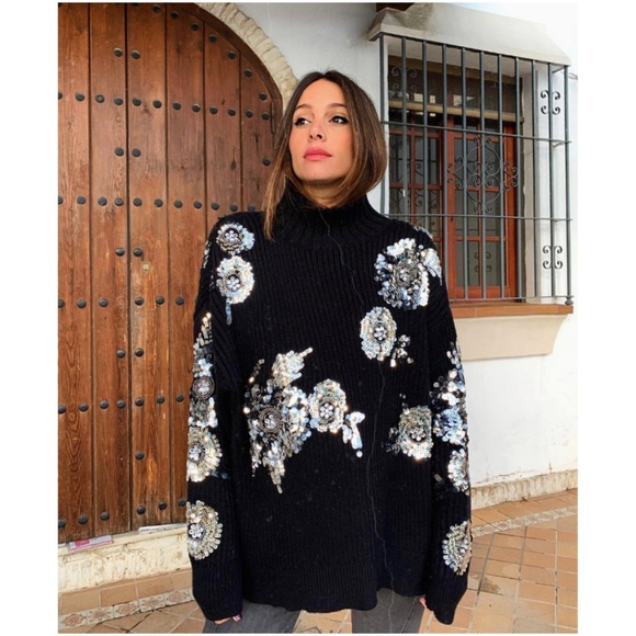 zara sequin floral sweater